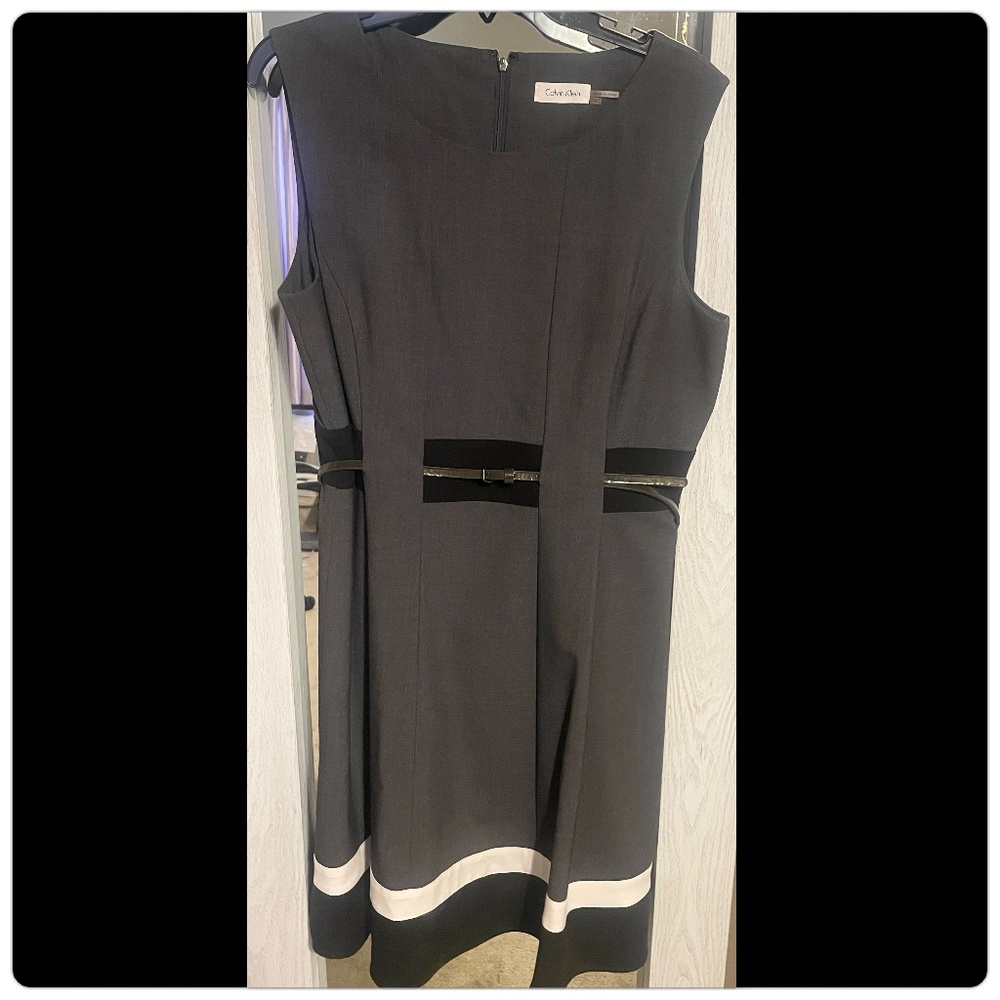 Calvin Klein belted sleeveless dress gray/black/white size 14